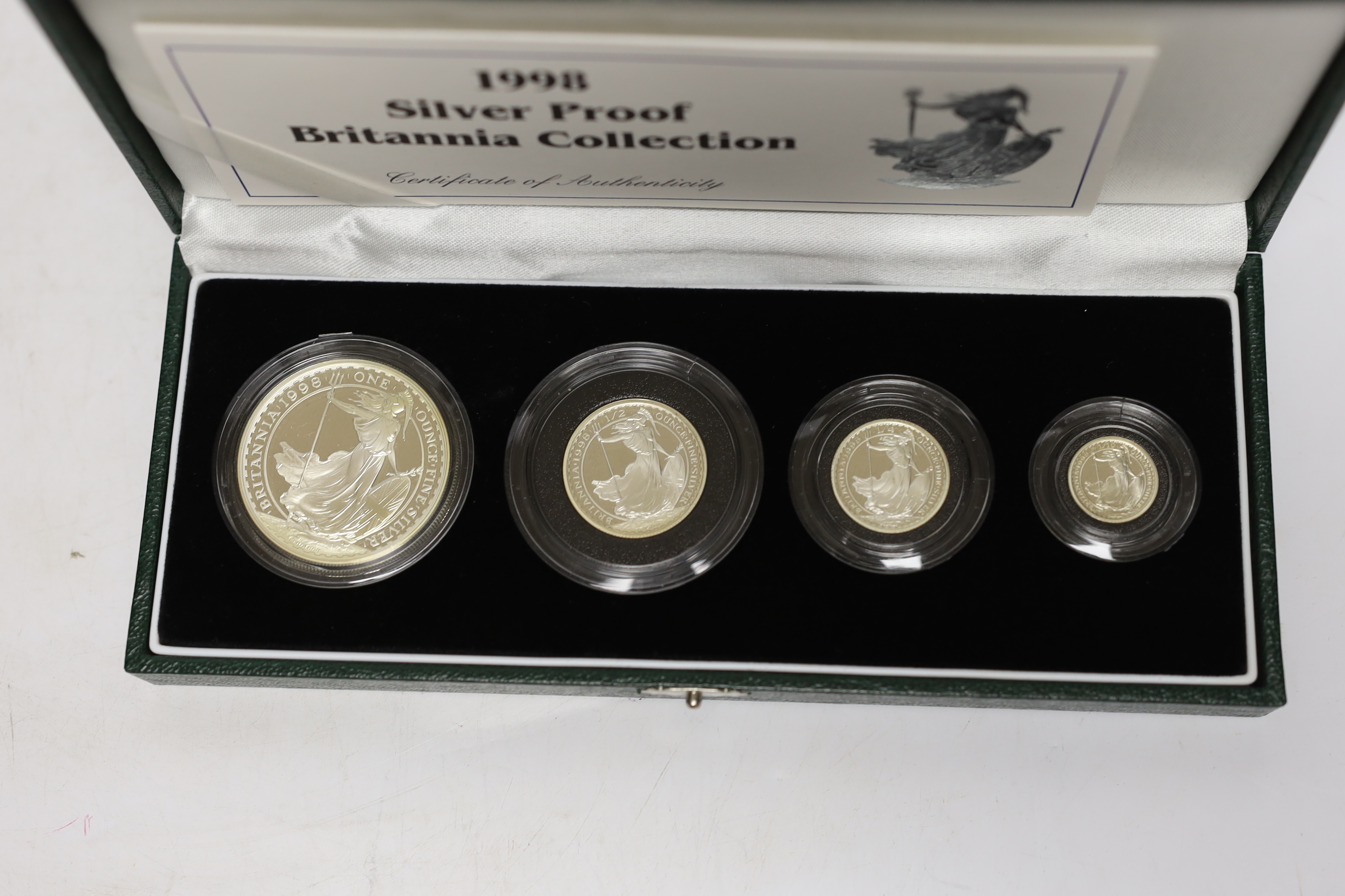 Three Royal Mint UK QEII four-coin silver proof Britannia collection sets for 1998, 2001 and 2008, 3 cases